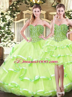 Dramatic Floor Length Three Pieces Sleeveless Yellow Green Vestidos de Quinceanera Lace Up