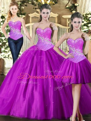 Low Price Fuchsia Sleeveless Floor Length Beading Lace Up Quinceanera Gown