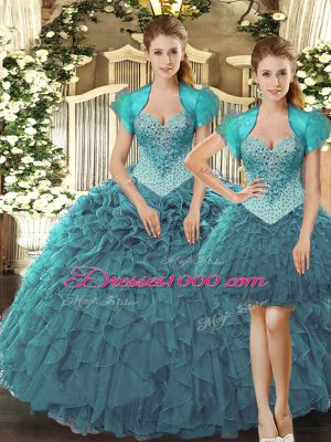 Discount Teal Lace Up Vestidos de Quinceanera Beading and Ruffles Sleeveless Floor Length