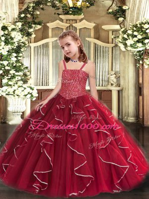 Trendy Red Lace Up Pageant Dress Toddler Beading and Ruffles Sleeveless Floor Length