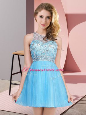 Sweet Sleeveless Tulle Mini Length Zipper Dress for Prom in Baby Blue with Beading