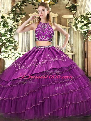 High-neck Sleeveless Tulle 15 Quinceanera Dress Beading and Embroidery and Ruffled Layers Zipper