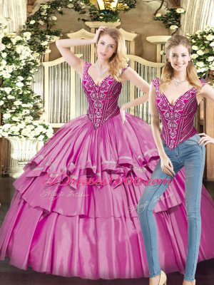 Sleeveless Organza Floor Length Lace Up Quinceanera Dress in Fuchsia with Beading and Ruffled Layers