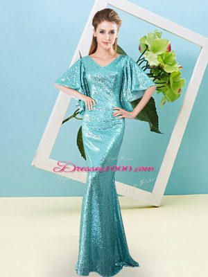 Latest Aqua Blue Sequined Zipper Homecoming Dress Half Sleeves Floor Length Sequins