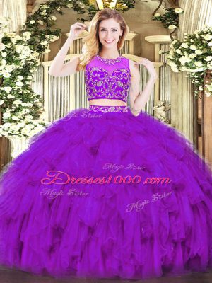 Fantastic Sleeveless Floor Length Beading and Ruffles Zipper Quinceanera Gown with Purple