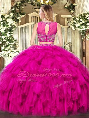 Fantastic Sleeveless Floor Length Beading and Ruffles Zipper Quinceanera Gown with Purple
