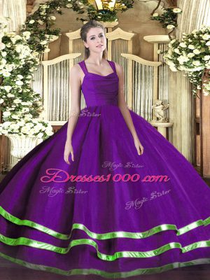 Organza Straps Sleeveless Zipper Ruffled Layers and Ruching Sweet 16 Quinceanera Dress in Purple