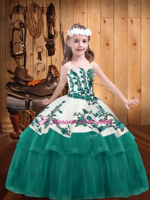Turquoise Organza Lace Up Kids Pageant Dress Sleeveless Embroidery