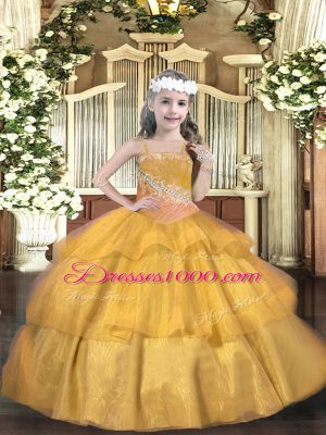 Most Popular Gold Ball Gowns Organza Straps Sleeveless Beading and Ruffled Layers and Sequins Floor Length Lace Up Kids Pageant Dress