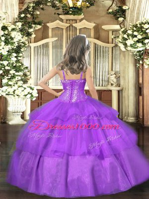 Most Popular Gold Ball Gowns Organza Straps Sleeveless Beading and Ruffled Layers and Sequins Floor Length Lace Up Kids Pageant Dress