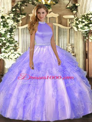 Luxurious Organza Halter Top Sleeveless Backless Beading and Ruffles 15th Birthday Dress in Lavender