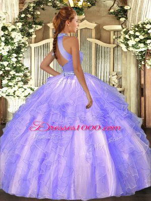 Luxurious Organza Halter Top Sleeveless Backless Beading and Ruffles 15th Birthday Dress in Lavender