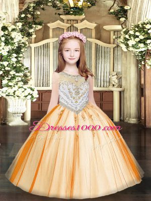 Sweet Sleeveless Tulle Floor Length Zipper Pageant Dress for Teens in Orange with Beading and Appliques
