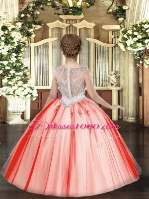 Sweet Sleeveless Tulle Floor Length Zipper Pageant Dress for Teens in Orange with Beading and Appliques