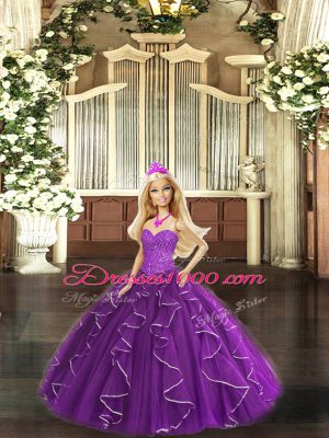 Luxury Purple Sleeveless Floor Length Beading and Ruffles Lace Up Quinceanera Dress