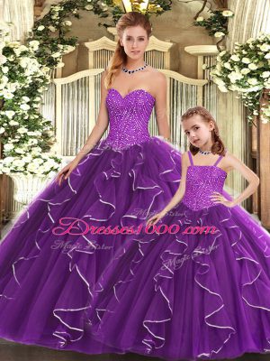 Luxury Purple Sleeveless Floor Length Beading and Ruffles Lace Up Quinceanera Dress