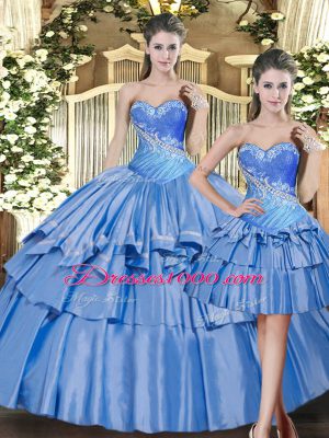 Fantastic Baby Blue Ball Gowns Tulle Sweetheart Sleeveless Beading and Ruffled Layers Floor Length Lace Up Ball Gown Prom Dress