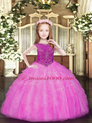 Gorgeous Rose Pink Sleeveless Beading and Ruffles Floor Length Child Pageant Dress