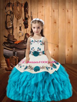 Latest Baby Blue Straps Neckline Embroidery and Ruffles Pageant Dress Toddler Sleeveless Lace Up
