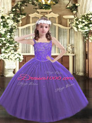 Floor Length Lace Up Pageant Dress for Girls Purple for Sweet 16 and Quinceanera and Wedding Party with Beading