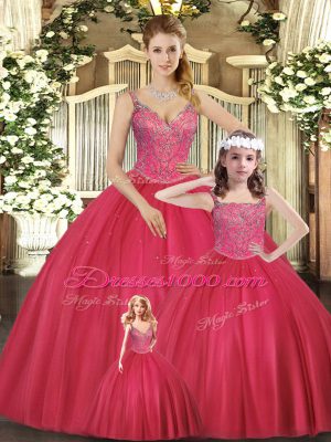 Eye-catching Sleeveless Floor Length Beading Lace Up Quinceanera Gown with Hot Pink