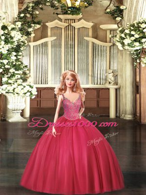 Eye-catching Sleeveless Floor Length Beading Lace Up Quinceanera Gown with Hot Pink