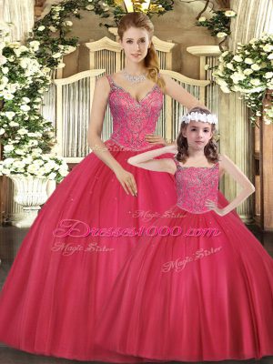 Eye-catching Sleeveless Floor Length Beading Lace Up Quinceanera Gown with Hot Pink