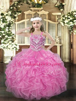 Rose Pink Lace Up Party Dress for Girls Beading and Ruffles Sleeveless Floor Length
