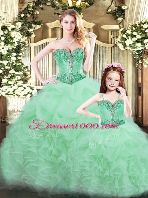 Aqua Blue Sleeveless Beading and Ruffles Floor Length Quince Ball Gowns