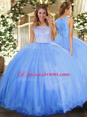 Superior Tulle Scoop Sleeveless Clasp Handle Lace Sweet 16 Quinceanera Dress in Baby Blue