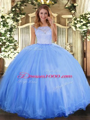 Superior Tulle Scoop Sleeveless Clasp Handle Lace Sweet 16 Quinceanera Dress in Baby Blue