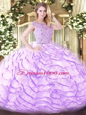 Enchanting Lavender Tulle Zipper Bateau Sleeveless 15 Quinceanera Dress Sweep Train Beading and Ruffled Layers