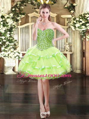 Custom Design Sleeveless Organza Mini Length Lace Up Prom Party Dress in Yellow Green with Beading
