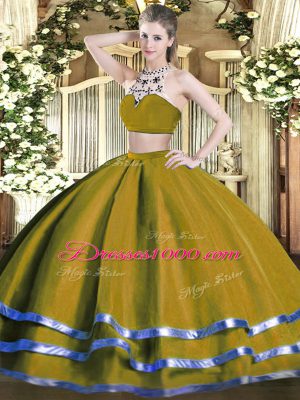 Affordable Olive Green Two Pieces Tulle High-neck Sleeveless Beading Floor Length Backless Sweet 16 Dresses