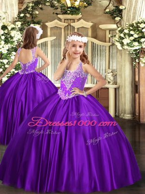Purple Sleeveless Floor Length Beading Lace Up Kids Formal Wear
