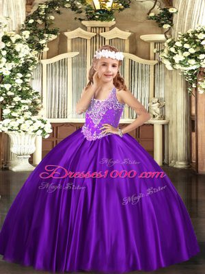 Purple Sleeveless Floor Length Beading Lace Up Kids Formal Wear