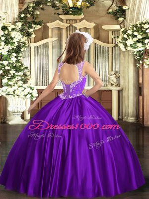 Purple Sleeveless Floor Length Beading Lace Up Kids Formal Wear