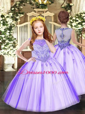 Modern Tulle Scoop Sleeveless Zipper Beading and Appliques Little Girls Pageant Dress in Lavender