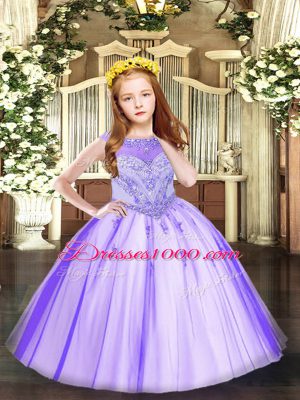 Modern Tulle Scoop Sleeveless Zipper Beading and Appliques Little Girls Pageant Dress in Lavender