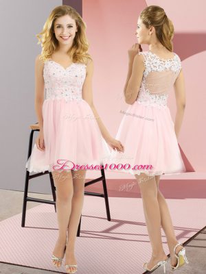 Low Price Baby Pink Lace Up V-neck Beading and Lace Vestidos de Damas Tulle Sleeveless