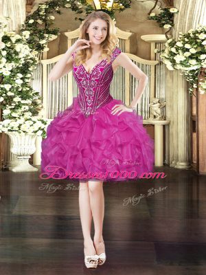 Mini Length Lace Up Homecoming Dress Fuchsia for Prom and Party with Beading and Ruffles