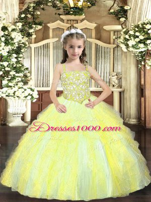 Yellow Green Sleeveless Tulle Lace Up Winning Pageant Gowns for Sweet 16 and Quinceanera