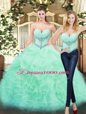 Floor Length Apple Green Quince Ball Gowns Organza Sleeveless Beading and Ruffles