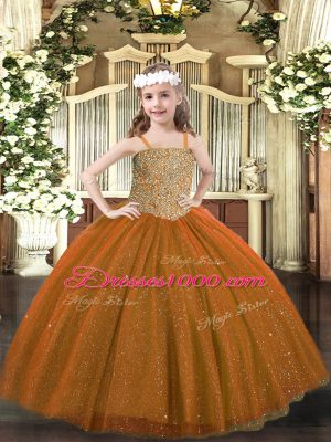 Brown Sleeveless Beading Floor Length Little Girl Pageant Dress