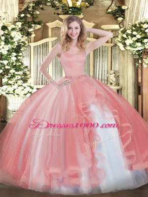 High End Coral Red Sleeveless Floor Length Beading Zipper Quinceanera Dresses