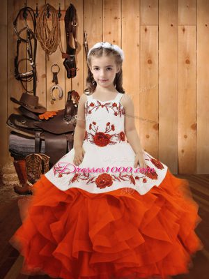 Beauteous Floor Length Orange Red Little Girls Pageant Dress Straps Sleeveless Lace Up