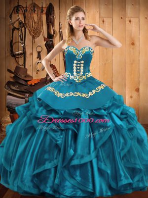 Teal Ball Gowns Embroidery and Ruffles 15th Birthday Dress Lace Up Organza Sleeveless Floor Length