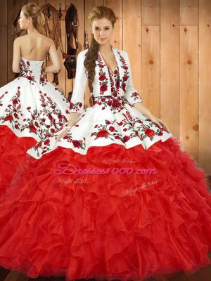 Red Lace Up Quinceanera Gowns Embroidery and Ruffles Sleeveless Floor Length