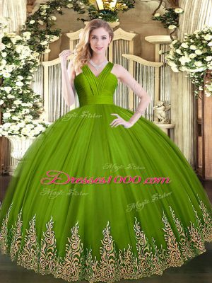 Custom Fit Olive Green Quinceanera Dresses Military Ball and Sweet 16 and Quinceanera with Appliques V-neck Sleeveless Zipper