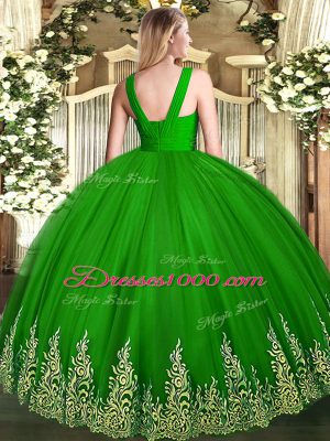 Custom Fit Olive Green Quinceanera Dresses Military Ball and Sweet 16 and Quinceanera with Appliques V-neck Sleeveless Zipper